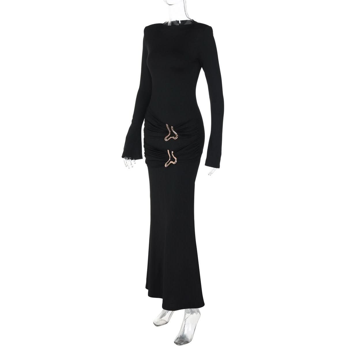 Long sleeve crewneck padded metal applique maxi dress