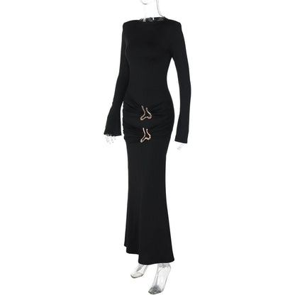 Long sleeve crewneck padded metal applique maxi dress