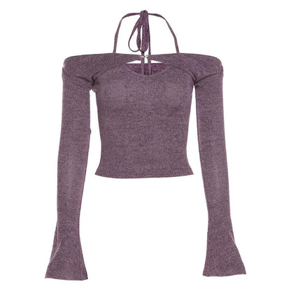 Long sleeve off shoulder knitted 2 piece top