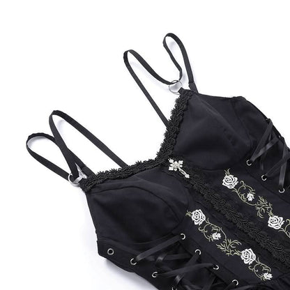 Sweetheart neck embroidery ruffle lace up cami mini dress