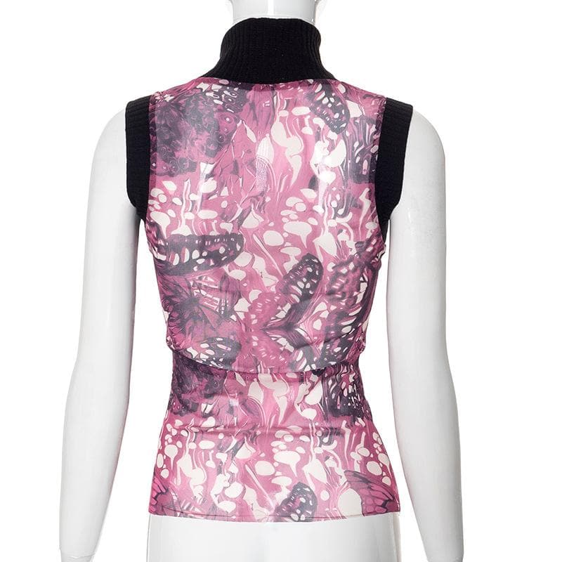Sleeveless high neck butterfly print mesh top