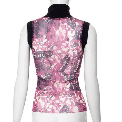 Sleeveless high neck butterfly print mesh top