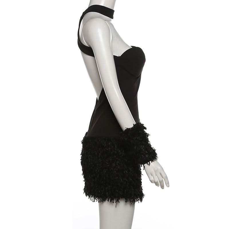 Cross back fluffy halter solid tube mini dress