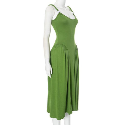 Ruched u neck beaded solid cami midi dress