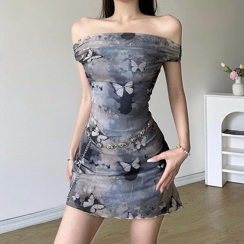 Off shoulder butterfly print ruched mini dress