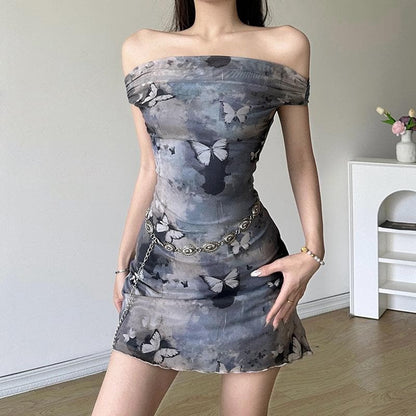 Off shoulder butterfly print ruched mini dress
