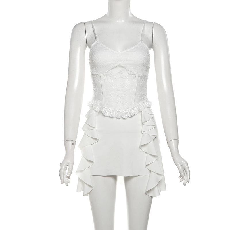 V neck ruffle lace patchwork cami mini dress