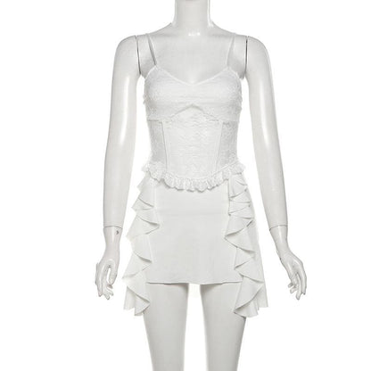 V neck ruffle lace patchwork cami mini dress