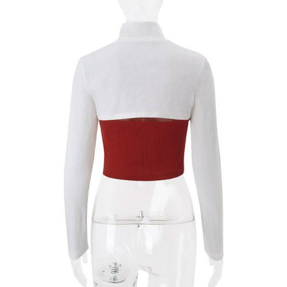 Long sleeve high neck bowknot lace hem 2 piece top