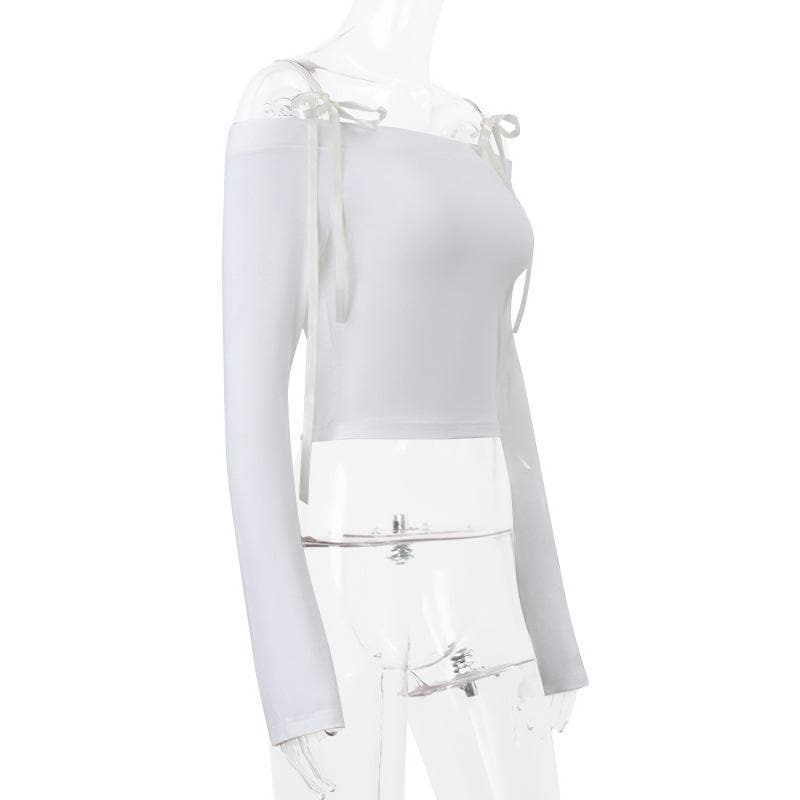 Self tie off shoulder long sleeve solid top