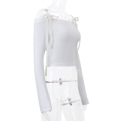Self tie off shoulder long sleeve solid top