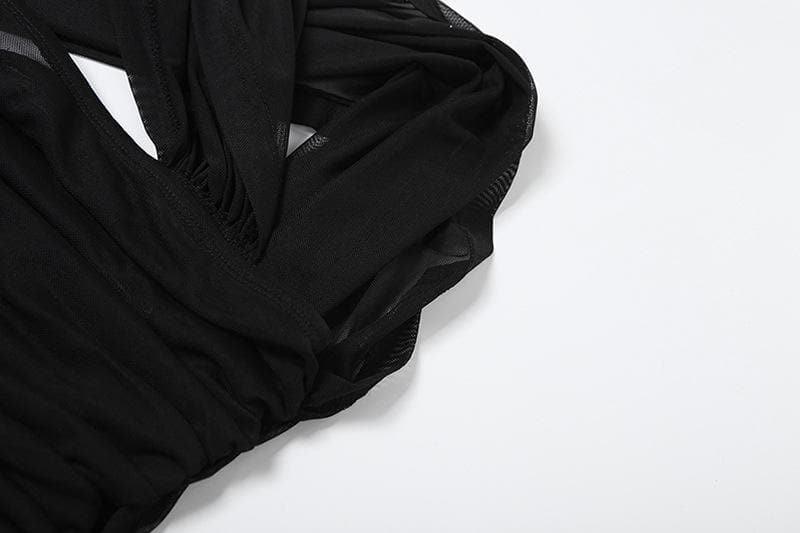 Off shoulder ruched cross front sheer mesh maxi dress-final-sale