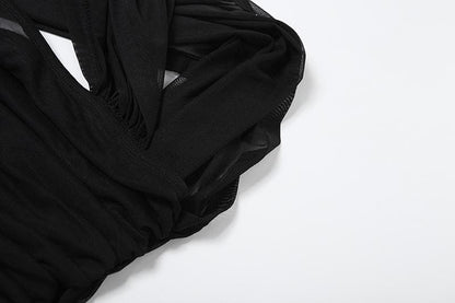 Off shoulder ruched cross front sheer mesh maxi dress-final-sale