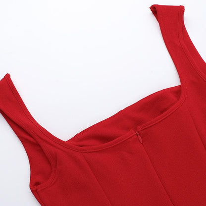 Square neck ruched stitch zip-up cami mini dress