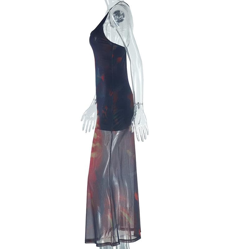 Mesh print u neck cross back cami maxi dress