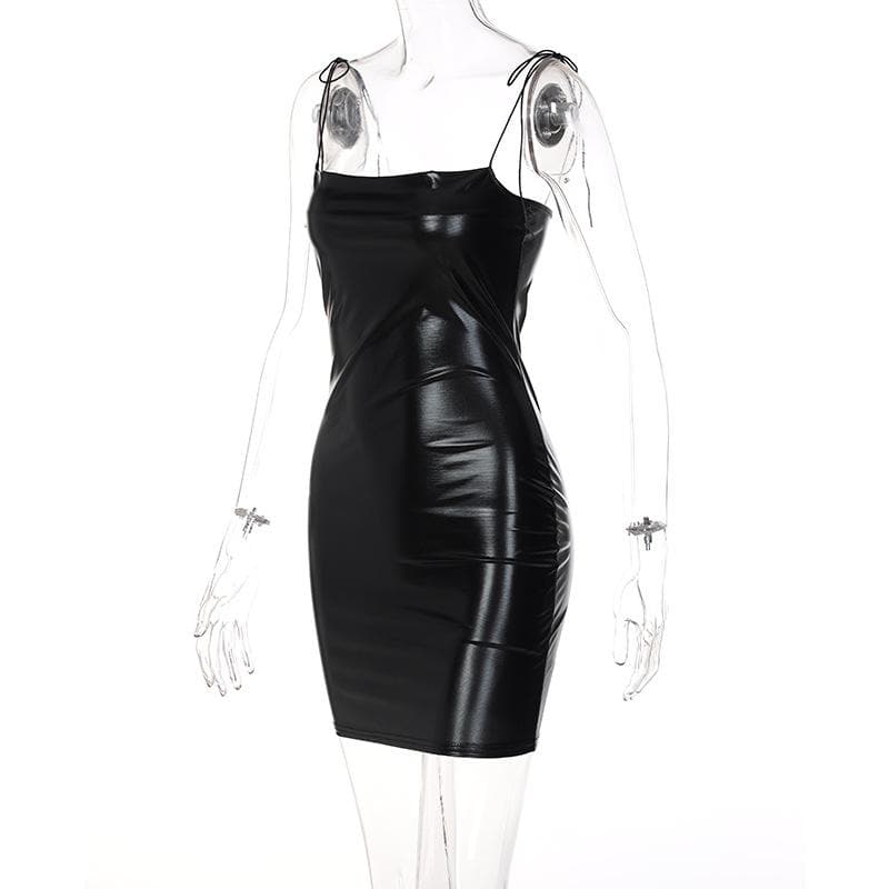 Metallic Tie Shoulder Square Neck Spaghetti Strap Bodycon Mini Dress