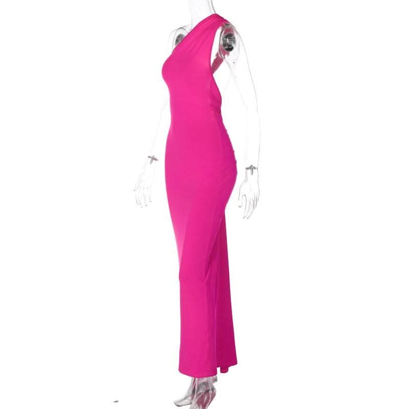 Ruched contrast backless one shoulder ribbon 2-way maxi dress-final-sale