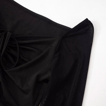 Off shoulder long sleeve mesh slit ruched self tie top
