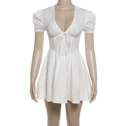 Puff sleeve v neck bowknot zip-up mini dress