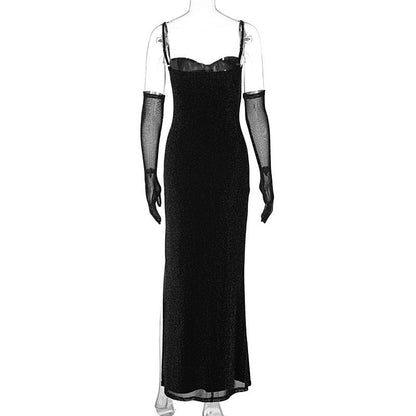 High slit gloves glitter sweetheart neck cami maxi dress