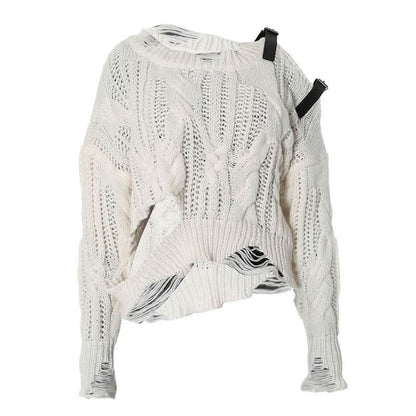 Long sleeve buckle knitted hollow out cut out top