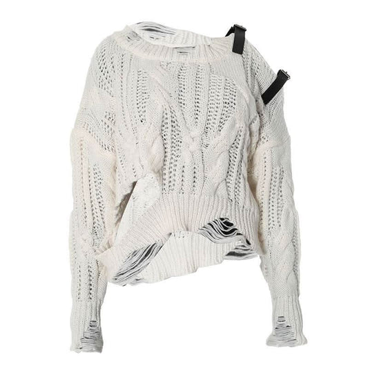 Long sleeve buckle knitted hollow out cut out top