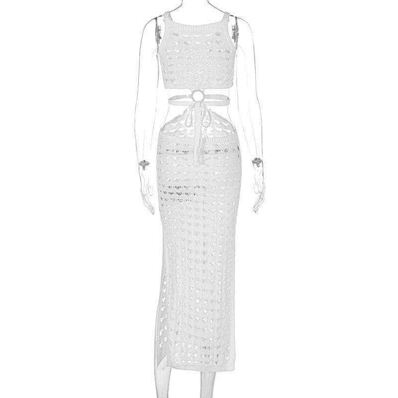 U neck knitted o ring see through tank midi dress