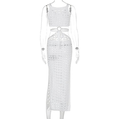 U neck knitted o ring see through tank midi dress