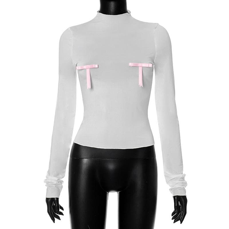 Bowknot contrast high neck long sleeve ruffle top