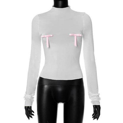 Bowknot contrast high neck long sleeve ruffle top