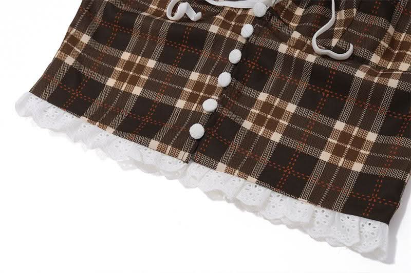 Halter v neck plaid ruffle button crop top