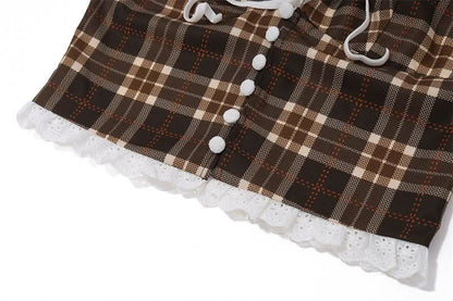 Halter v neck plaid ruffle button crop top