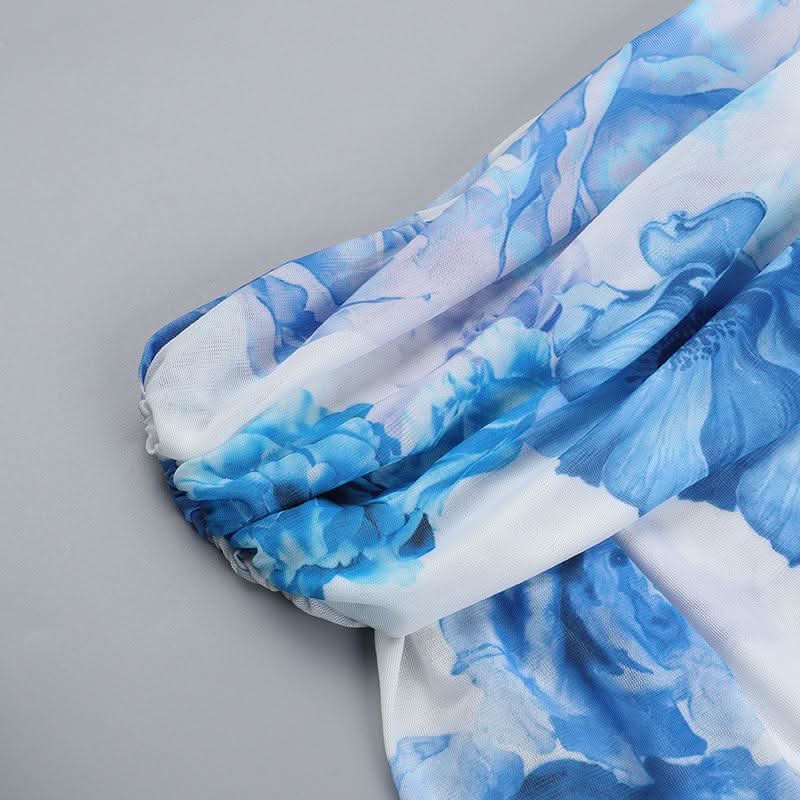 Off shoulder long sleeve flower print mesh mini dress