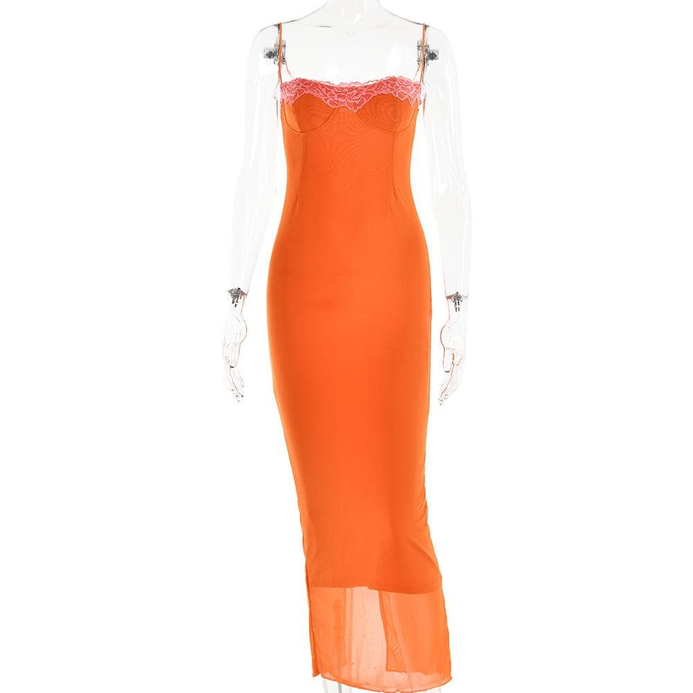 Lace hem patchwork mesh slit cami midi dress