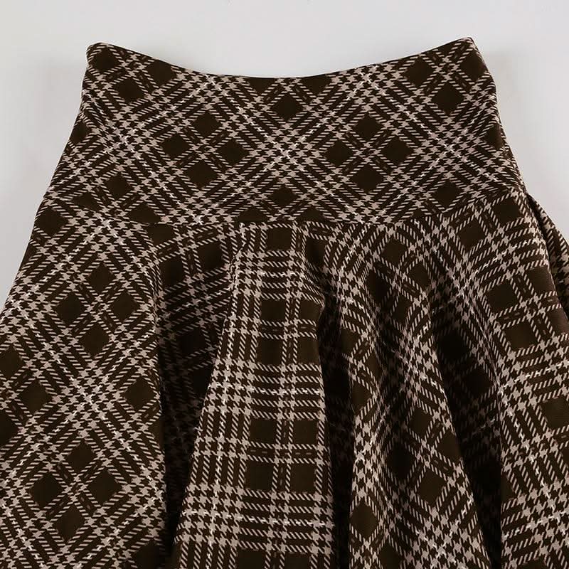 Plaid irregular zip-up contrast midi skirt