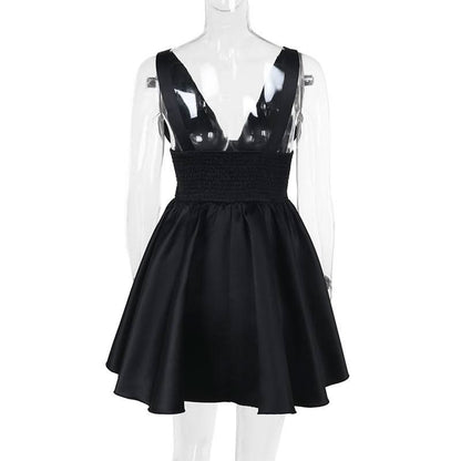 Smocked deep V neck backless cami mini dress