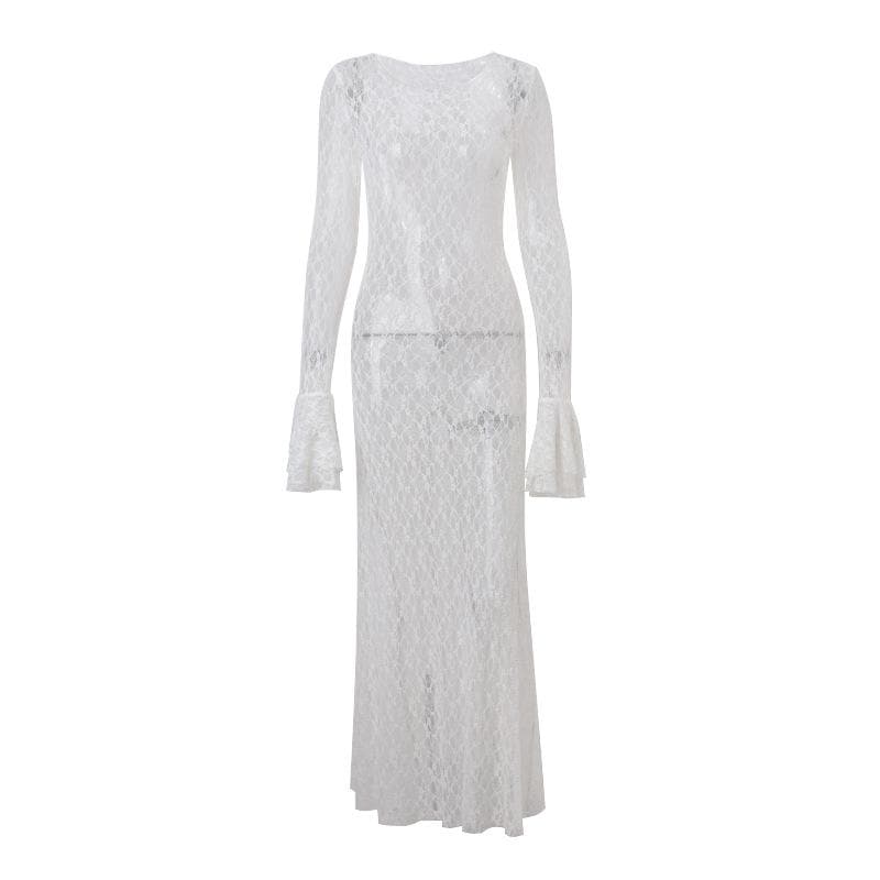 Long flared sleeve lace see through maxi dress