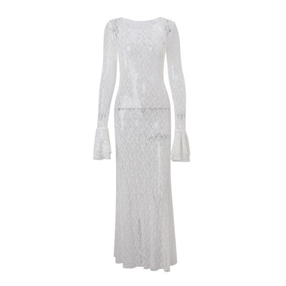 Long flared sleeve lace see through maxi dress