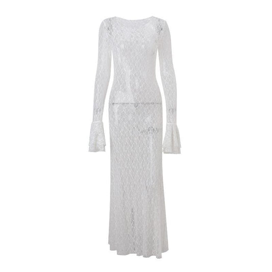 Long flared sleeve lace see through maxi dress