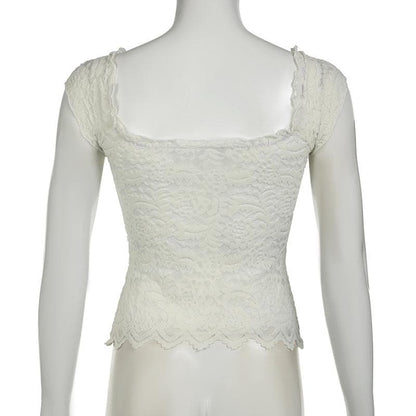 Cap sleeve square neck bowknot lace ruffle top