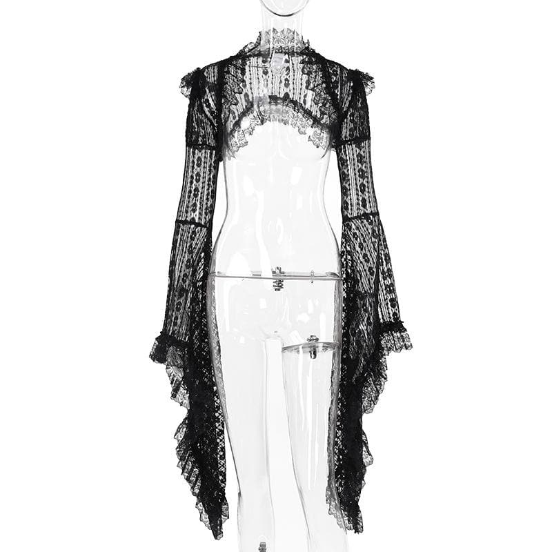 Long flared sleeve lace ruffle shrug top