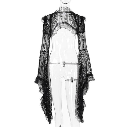 Long flared sleeve lace ruffle shrug top