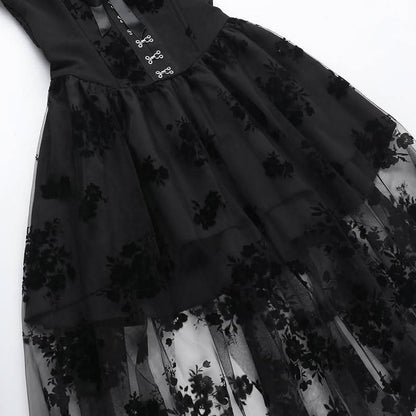 Ruffle smocked button ribbon flower print midi dress