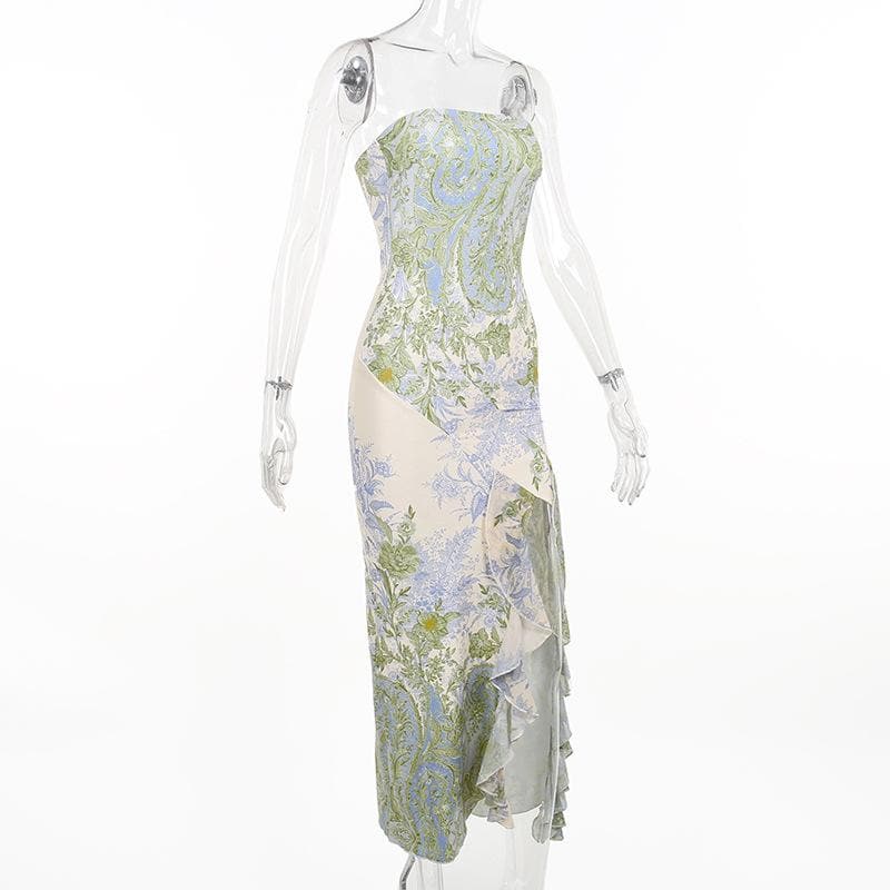 Strapless Floral Paisley Print Ruffle Slit Tube Maxi Dress