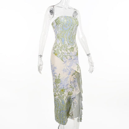 Strapless Floral Paisley Print Ruffle Slit Tube Maxi Dress