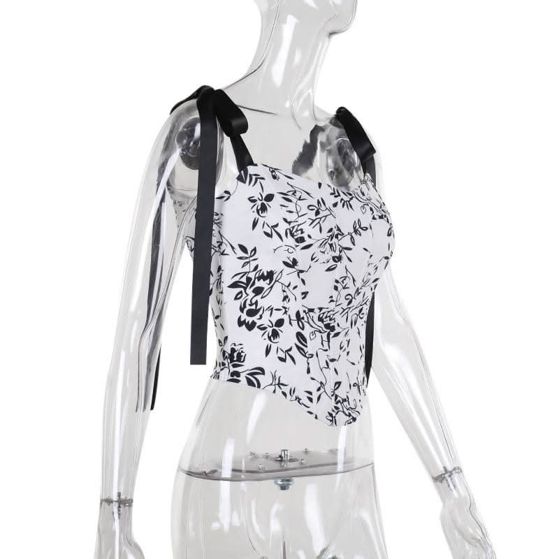 Self tie u neck ribbon print contrast cami top