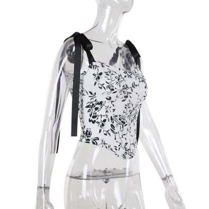 Self tie u neck ribbon print contrast cami top