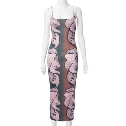 U neck abstract print contrast cami midi dress