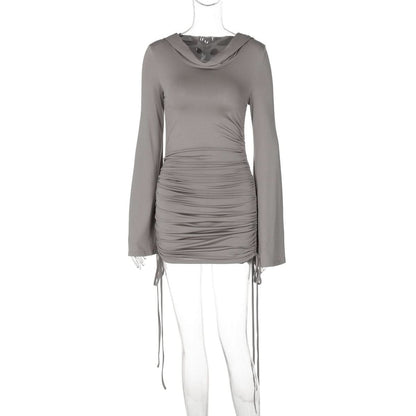 Hoodie long sleeve ruched drawstring mini dress