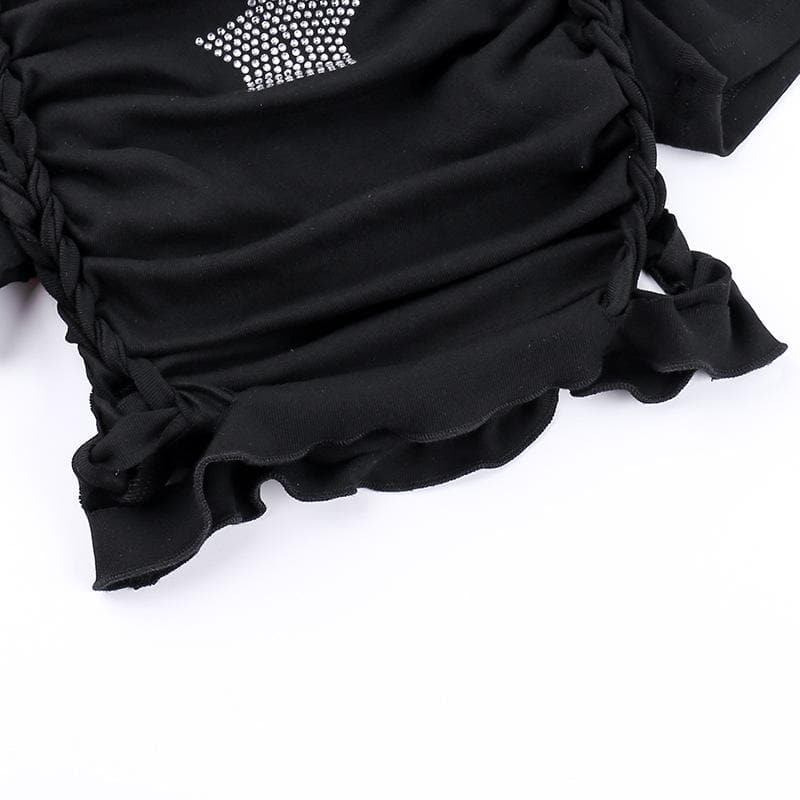 Short sleeve crewneck beaded hollow out cut out top